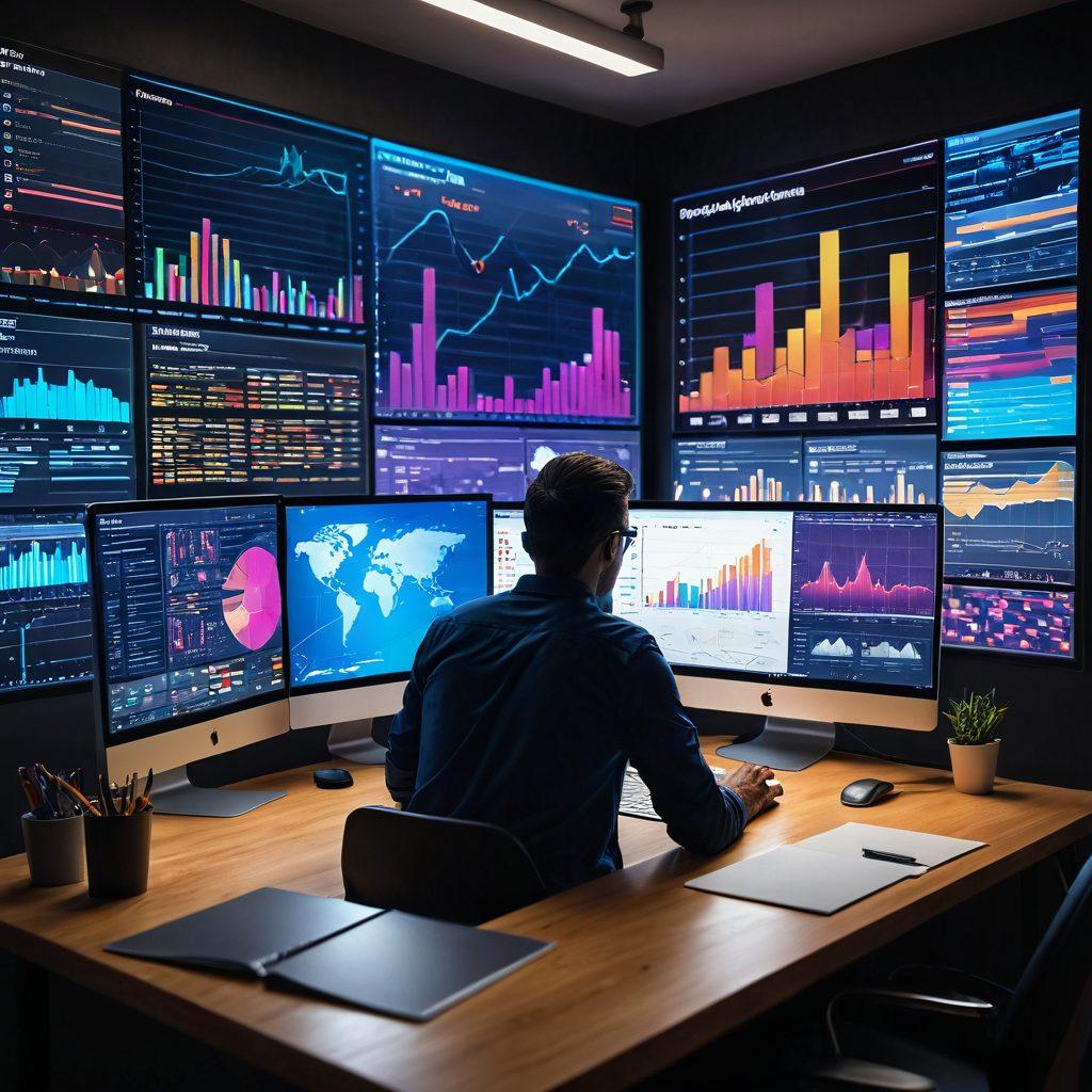 A dynamic representation of a person sitting at a desk, surrounded by colorful charts and digital screens displaying the latest blogging trends. Include a light bulb above their head to signify bright ideas and innovation. The background should have a blurred city skyline to emphasize staying ahead in a fast-paced world. Use vibrant colors to create an engaging atmosphere. super-realistic. vibrant colors. 3D.