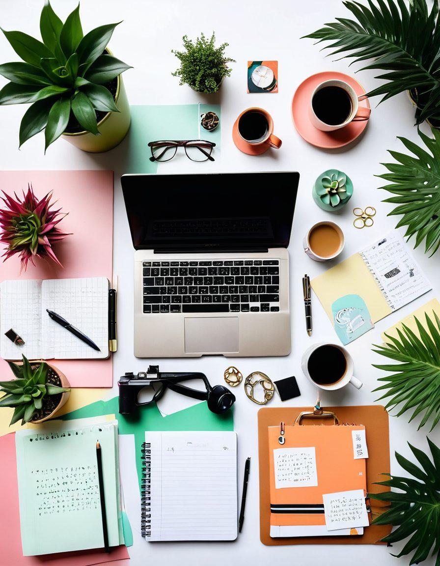 A vibrant grid of colorful lifestyle elements, showcasing a cozy workspace filled with notebooks, plants, and a laptop, surrounded by trend-inspired objects like fashion accessories, a camera, and a cup of coffee. The background is filled with inspiring quotes and doodles. The image should evoke a sense of creativity and motivation. super-realistic. vibrant colors. light pastel background.